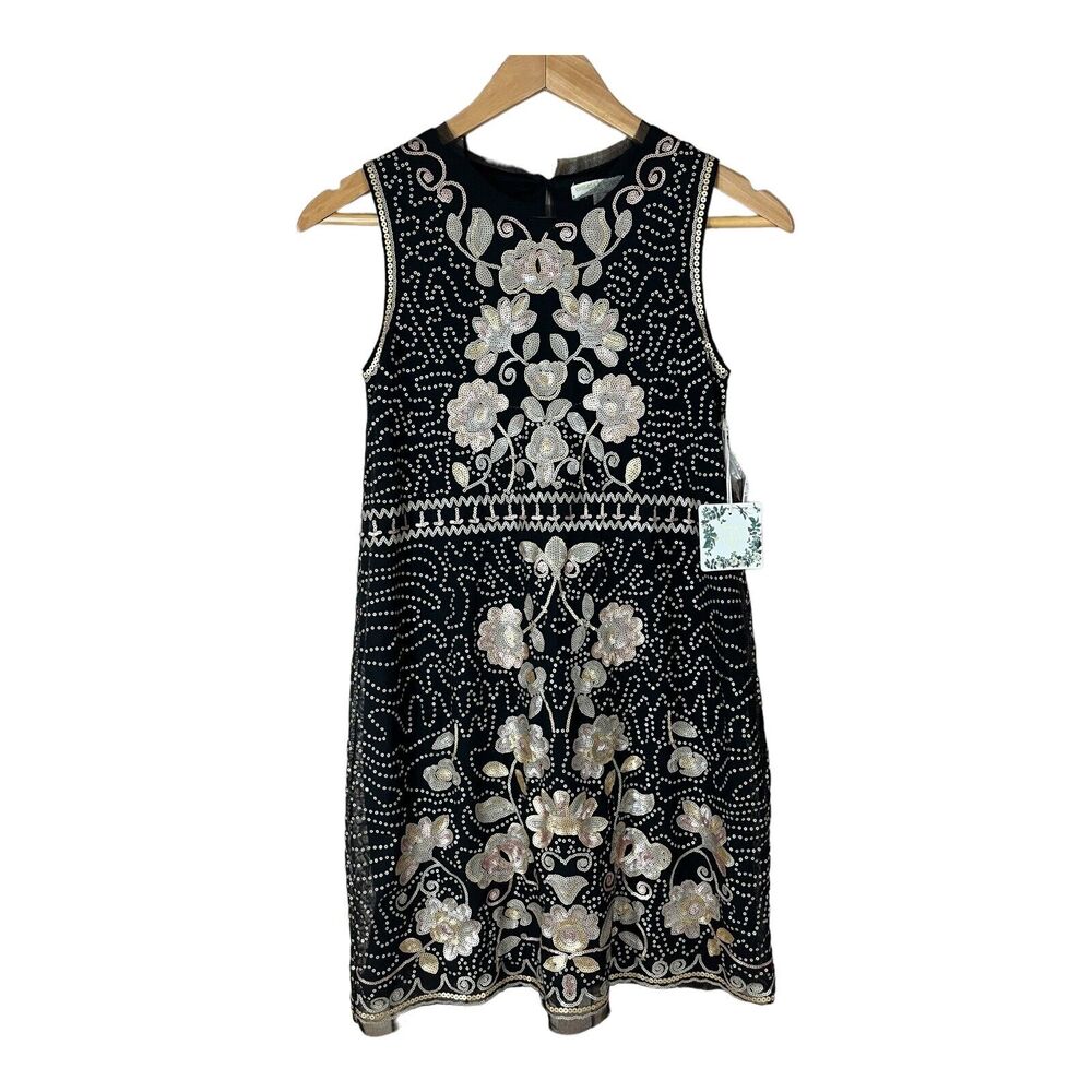 NWT Chelsea & Violet Girls Sequin Formal Dress SIZE XL Black Gold Floral Lined